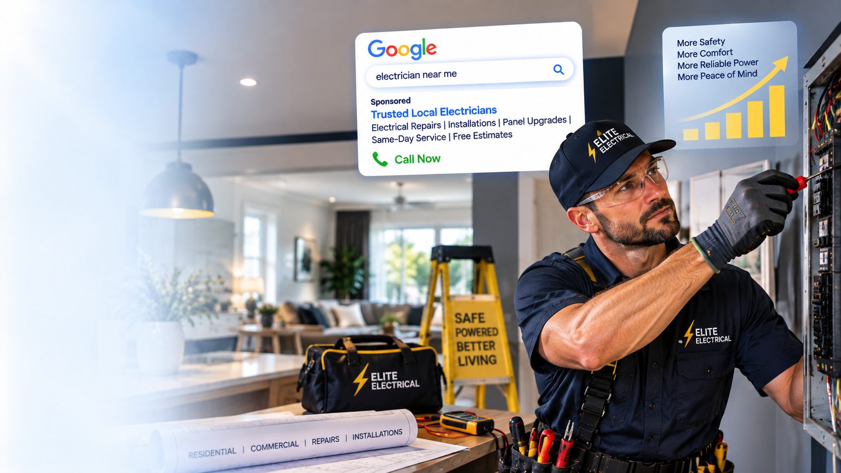 Electrician working on an electrical panel with a Google search ad example showing local electrician leads growth