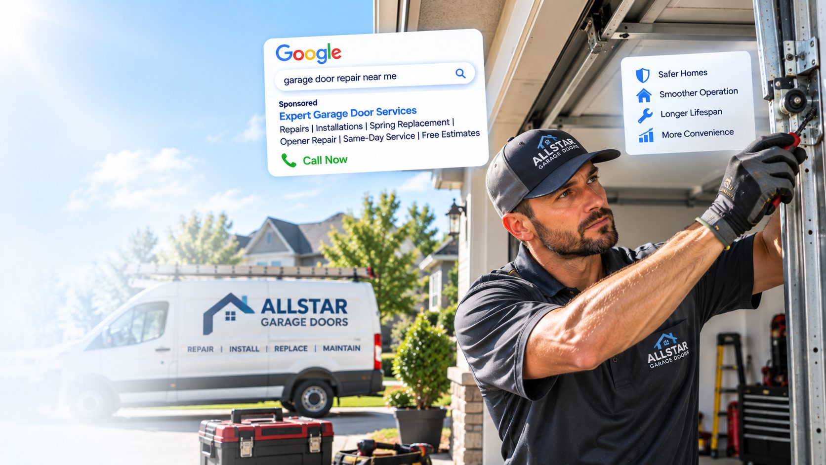 Garage door technician repairing a garage door with a Google search ad example showing local garage door leads growth