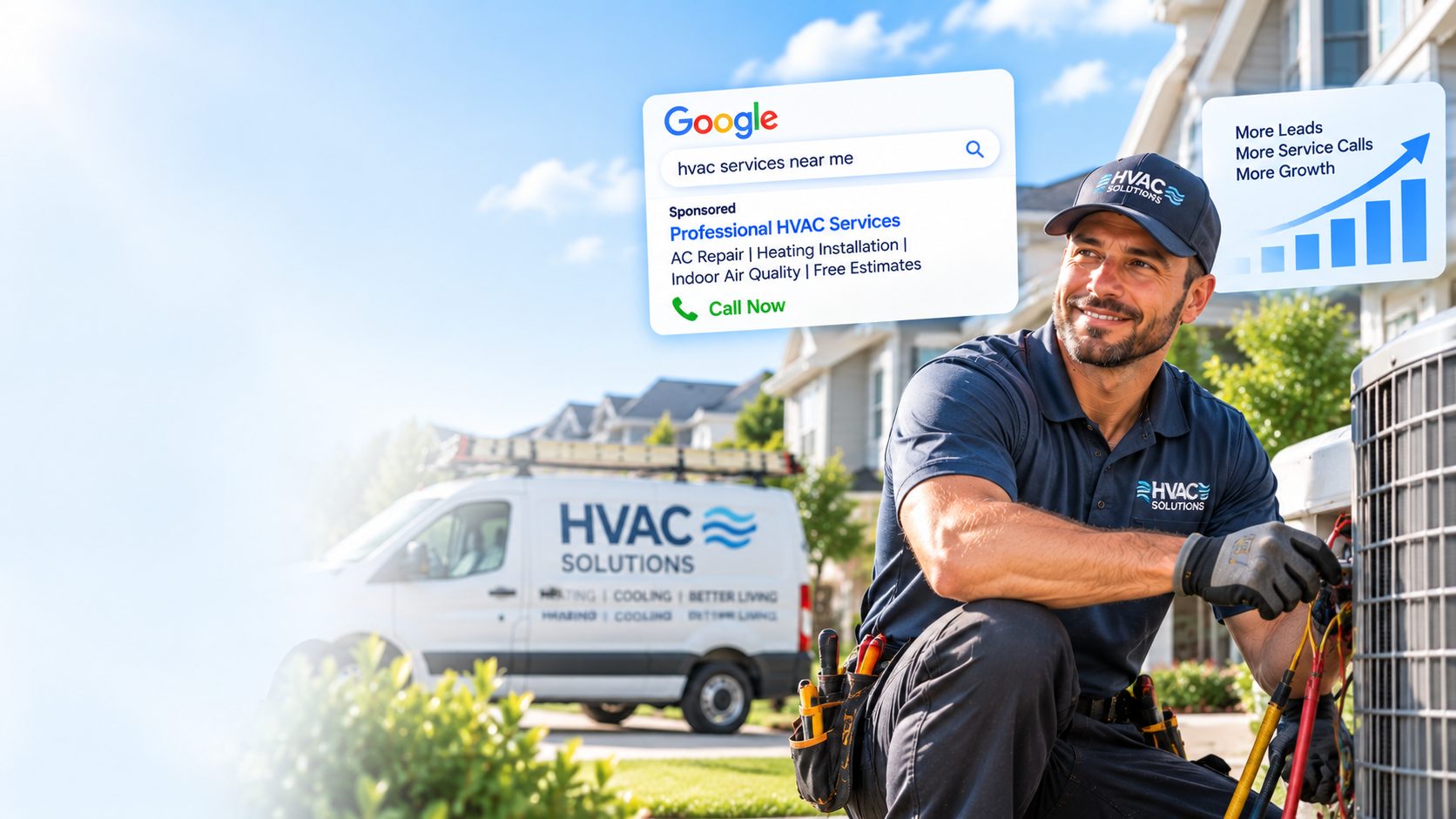 HVAC technician working on outdoor unit with a Google search ad example showing local HVAC leads growth