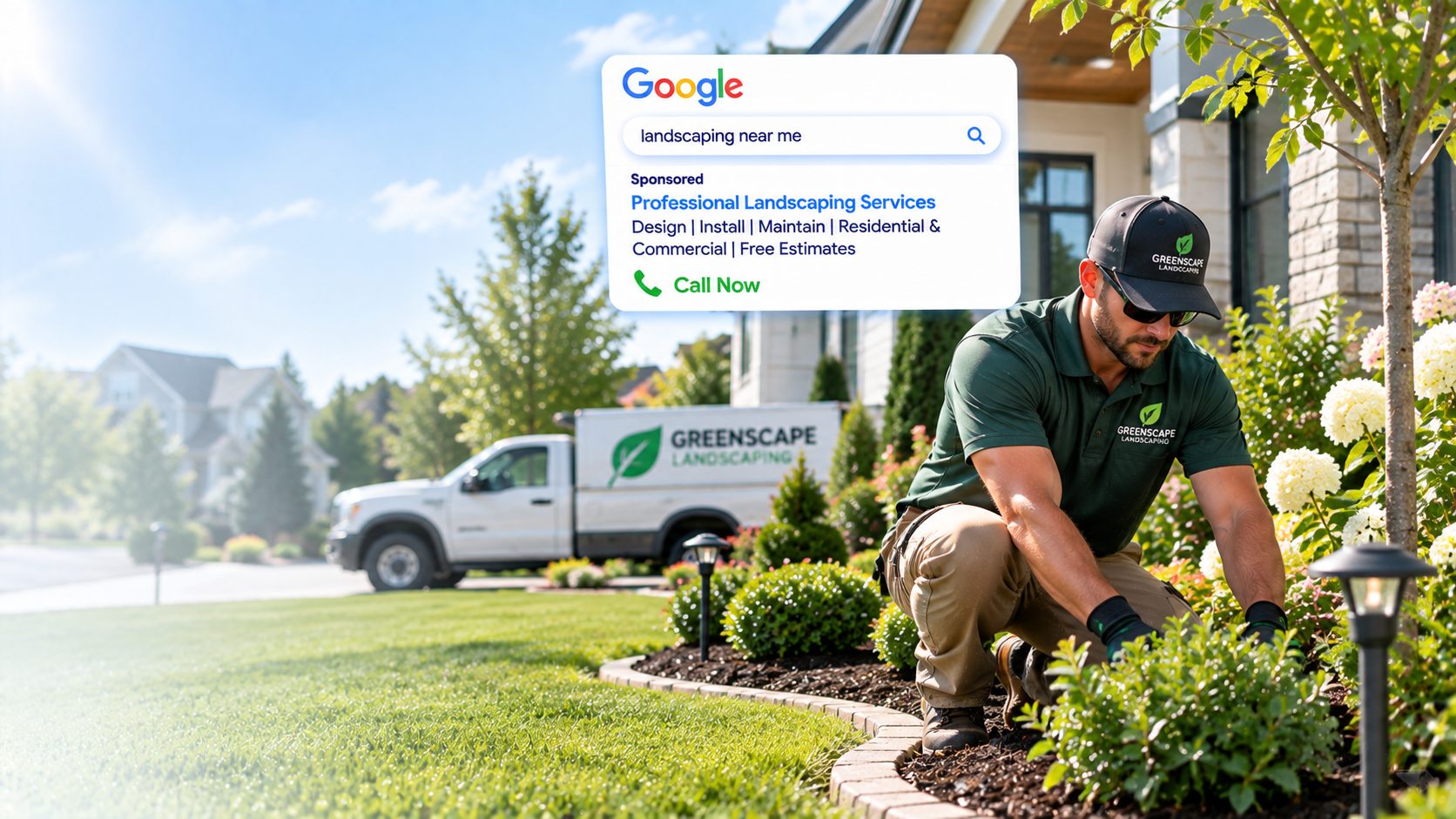 Landscaper tending a garden bed with a Google search ad example showing local landscaping leads growth
