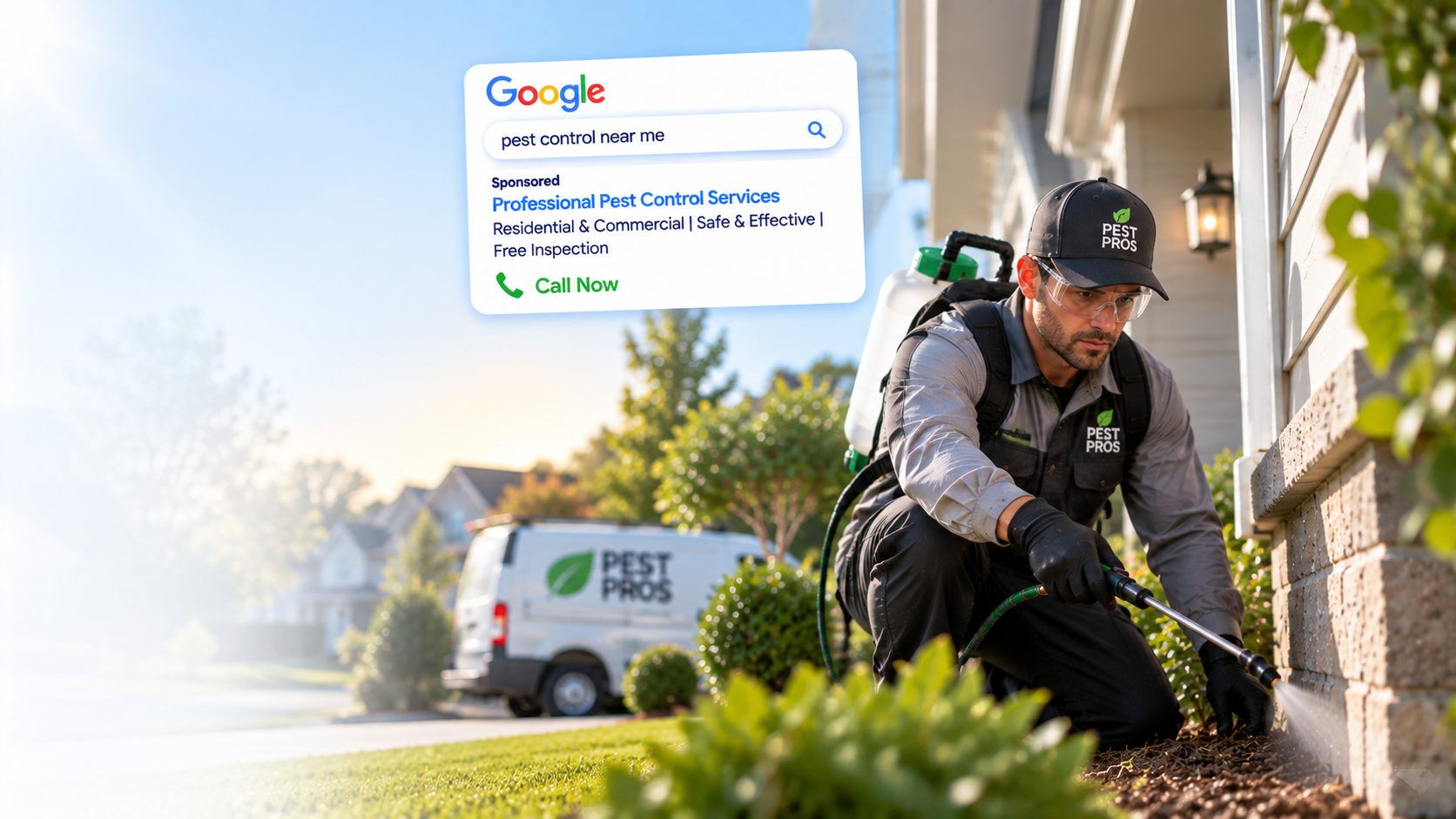 Pest control technician treating a home exterior with a Google search ad example showing local pest control leads growth