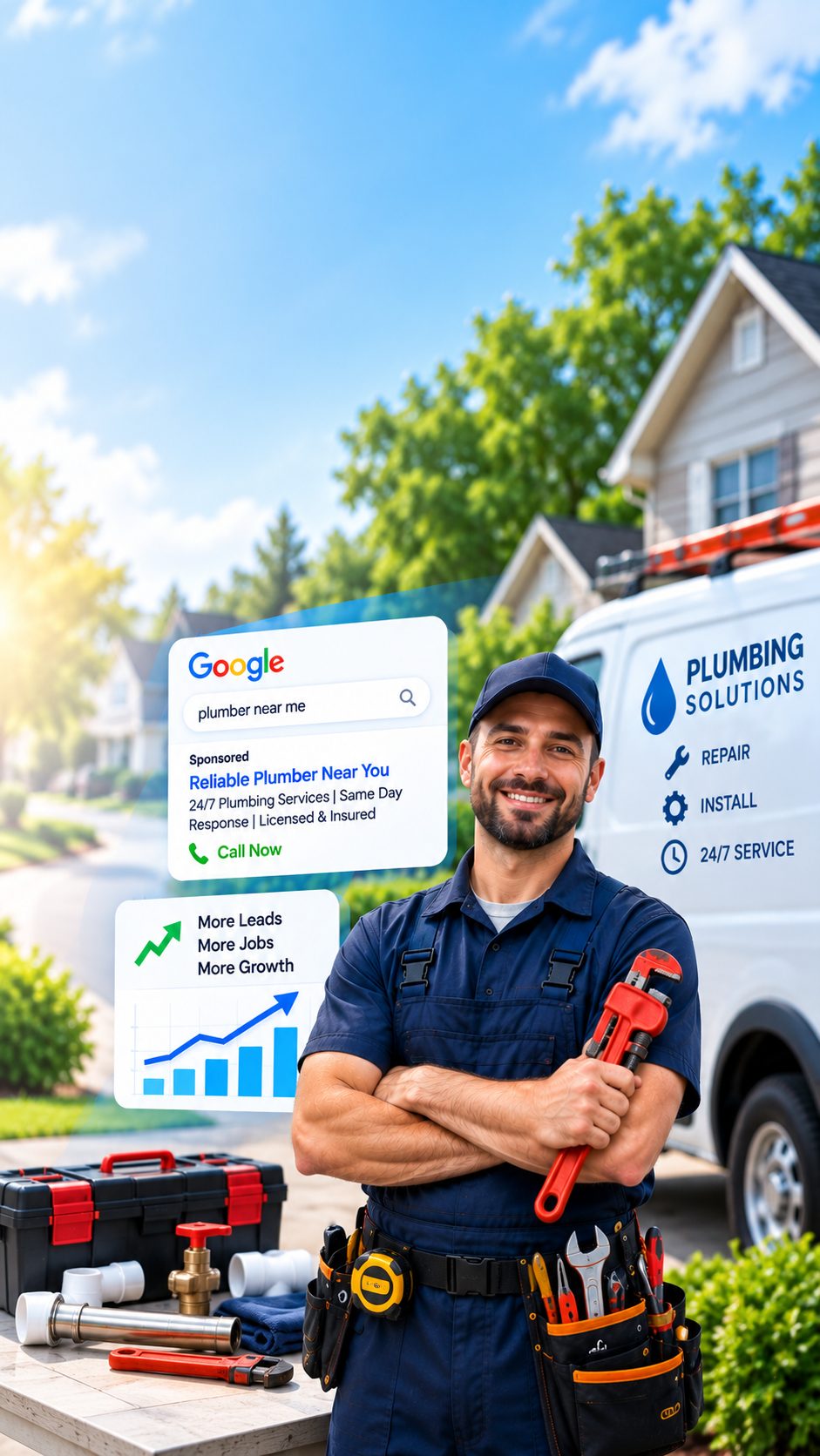 Plumber standing by service van with a Google search ad example showing local plumbing leads growth
