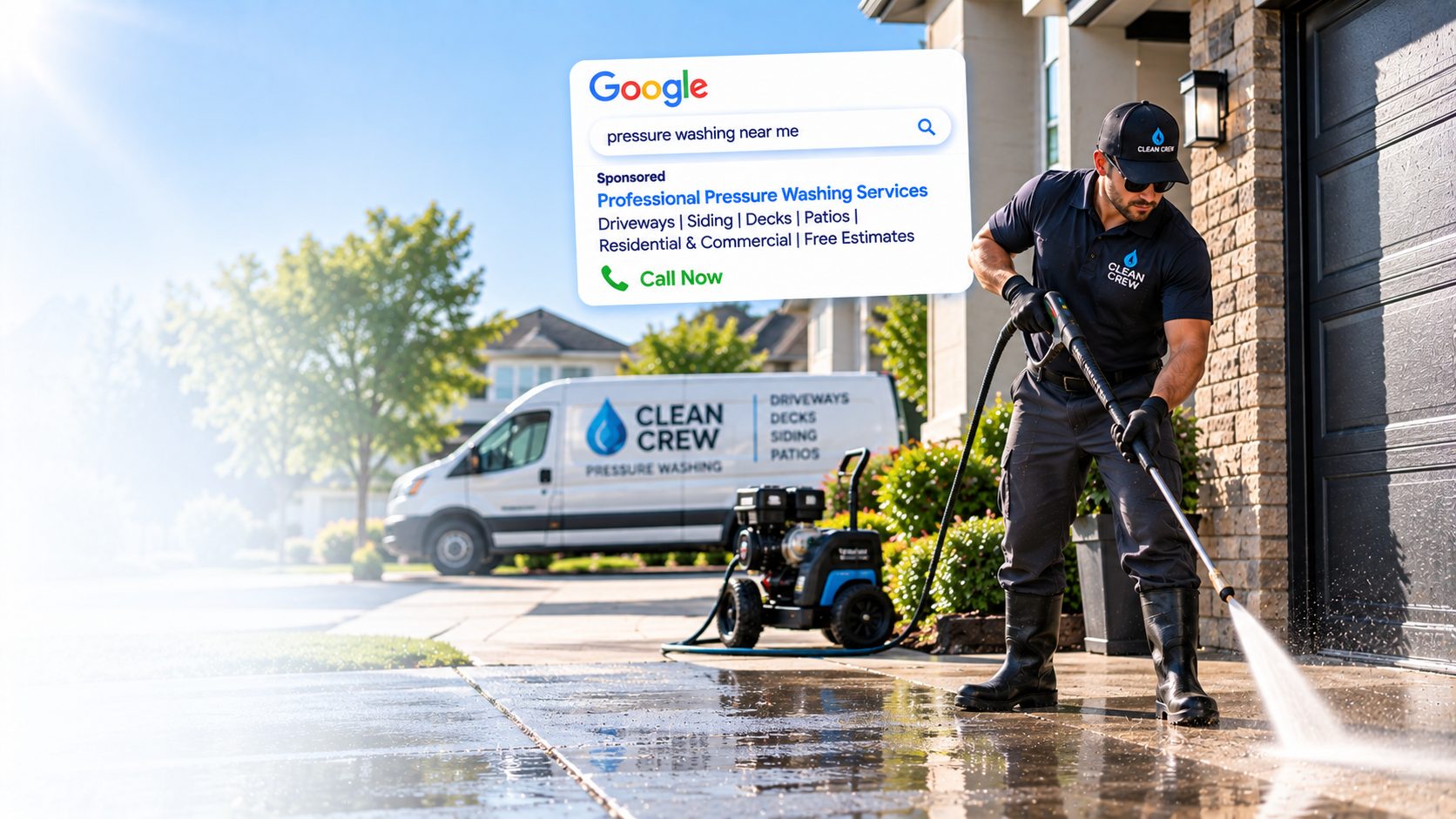 Pressure washing technician cleaning a driveway with a Google search ad example showing local pressure washing leads growth