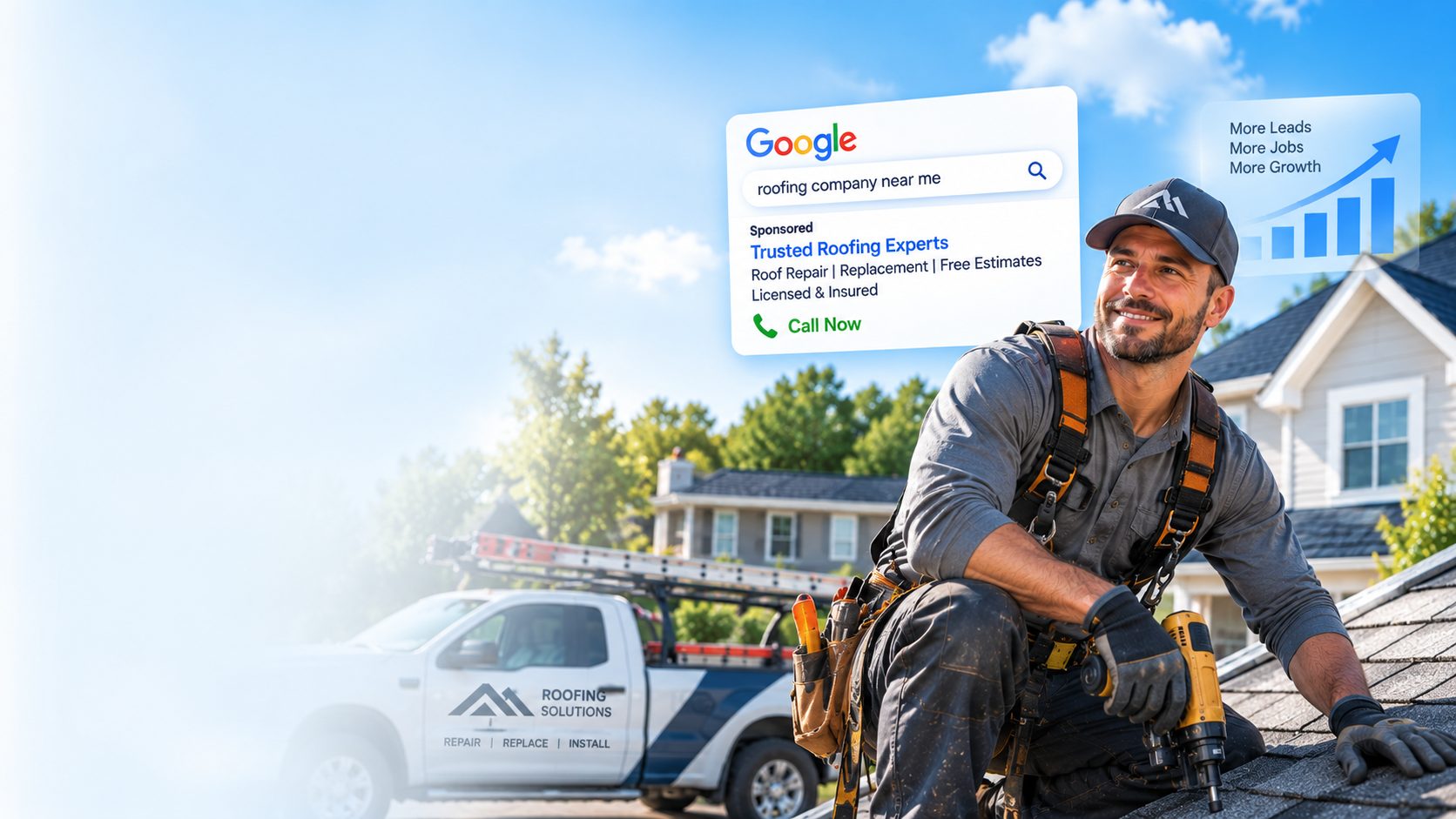 Roofer working on a residential roof with a Google search ad example showing local roofing leads growth