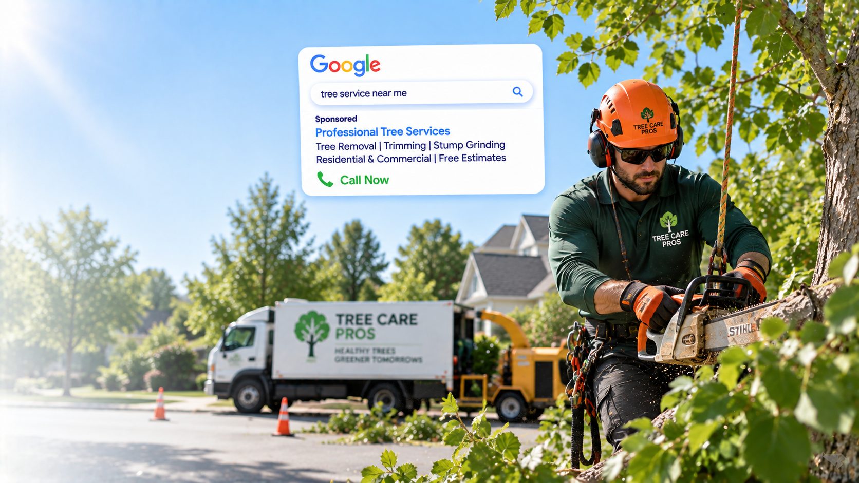 Tree service technician cutting a branch with a Google search ad example showing local tree service leads growth
